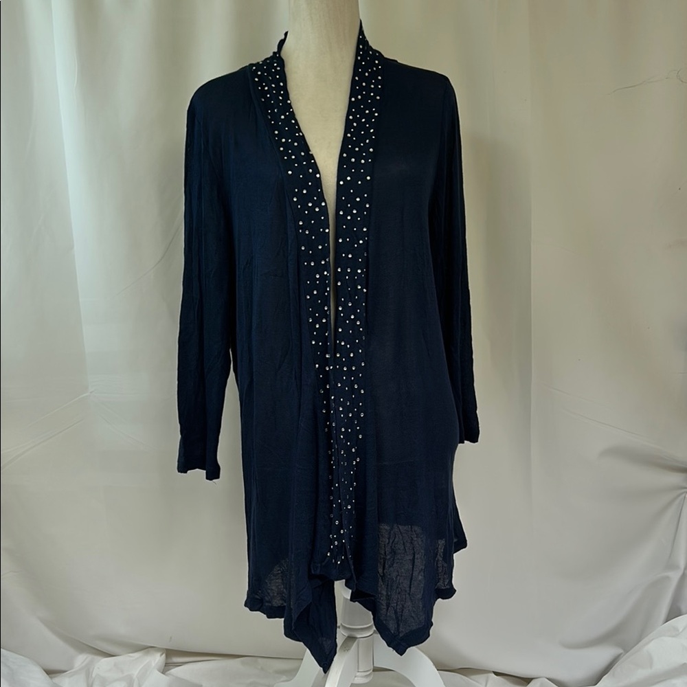 French Laundry Navy Open Front Cardigan with Rhinestone Trim Size XL